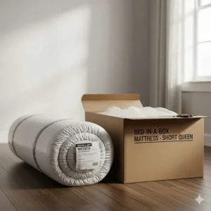 A bed-in-a-box delivery showing a short queen mattress compressed and rolled, ready to be unboxed and set up.
