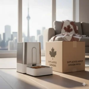 An illustration of a cat feeder box with a Canadian flag icon, indicating fast shipping and local availability across Canada.