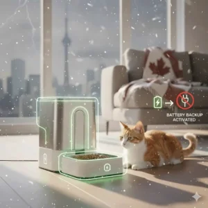 Infographic showing an automatic feeder with battery backup, essential for Canadian homes prone to winter power outages.