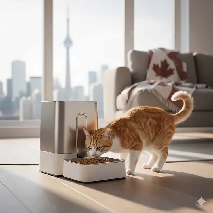 A modern automatic cat feeder in a Toronto condo setting with a tabby cat eating, representing the best automatic cat feeder in Canada. best automatic cat feeder Canada