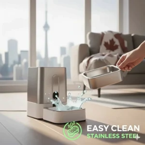 Close-up illustration of a stainless steel bowl being removed from a cat feeder for easy cleaning and hygiene.