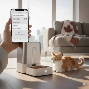 A smartphone showing a bilingual English and French pet care app controlling a smart cat feeder for Canadian pet parents.