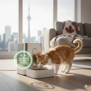 Illustration showcasing a wide, shallow feeder bowl design to prevent whisker fatigue for Canadian house cats.