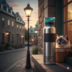 A sleek travel cat water bottle featured as a must-have cat travel accessory in a historic Old Quebec City setting.