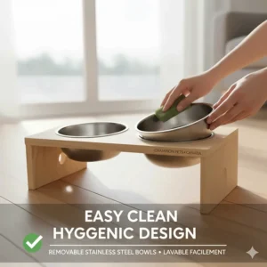 Illustration showing an adjustable elevated cat feeder stand suitable for kittens and adult cats.