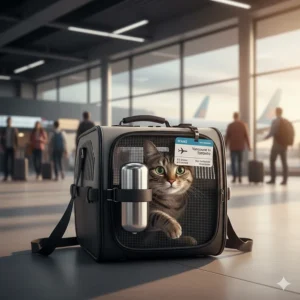 A compact travel cat water bottle attached to a pet carrier for a domestic flight from Vancouver to Toronto.
