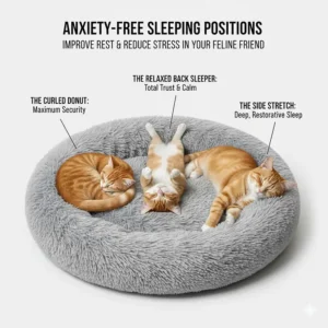Illustration of common sleeping positions for cats using a calming bed to reduce stress and improve sleep quality.