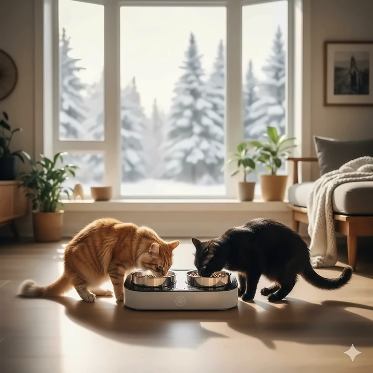 Two cats eating from an automatic cat feeder for multiple cats in a modern Toronto home. Un distributeur automatique pour plusieurs chats.