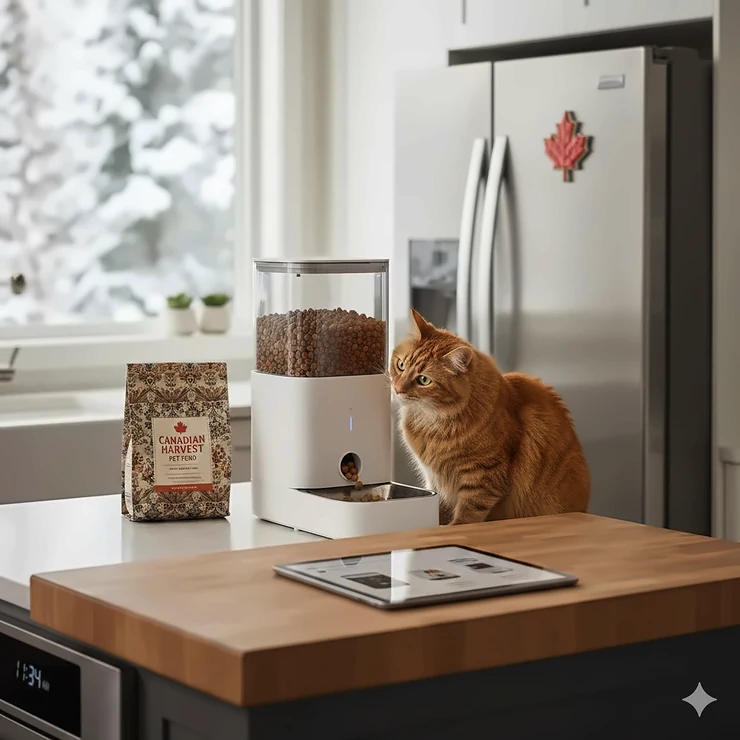 A comparison of top-rated automatic pet feeders in a modern Canadian home setting, showing a cat eating in a bright kitchen. automatic pet feeder comparison