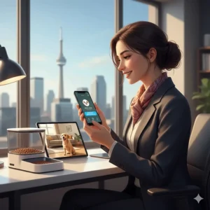 A professional in a Toronto office checking their smartphone to remotely feed their dog via an automatic feeder app.