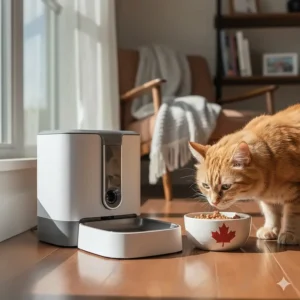 A modern automatic wet food feeder for a cat in a bright Canadian home with a maple leaf cat bowl nearby.