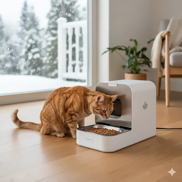 A modern automatic wet food feeder for cats on a hardwood floor in a bright Canadian home, featuring a sleek design.