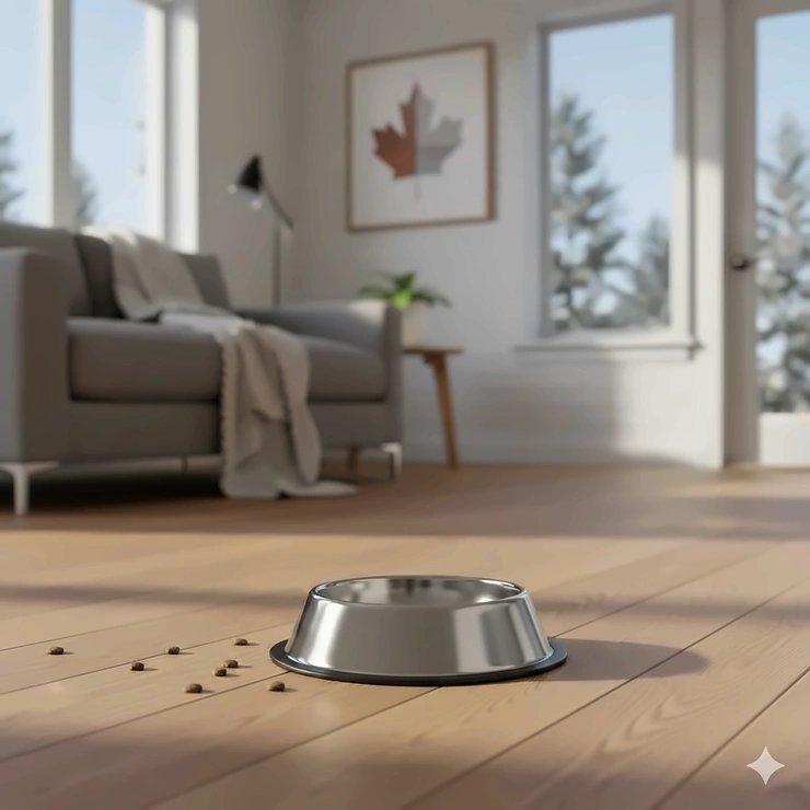 A high-quality stainless steel cat bowl on a modern wooden floor in a bright Canadian living room, representing the best cat bowl material for durability.