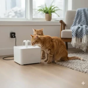 Large capacity ceramic water fountain being shared by two cats in a cozy Vancouver-style apartment.