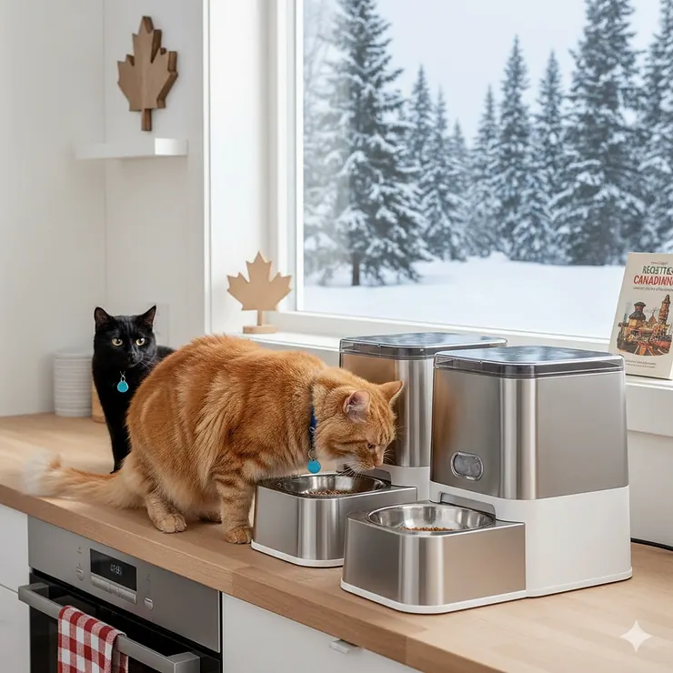 A selective microchip activated cat feeder in a modern Canadian home kitchen, ensuring only the registered cat accesses its food.