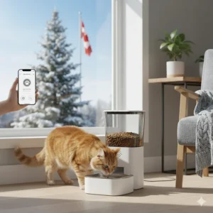 A modern wifi automatic cat feeder in a bright Canadian home, featuring a tabby cat eating while a smartphone displays the feeding app.