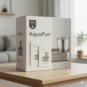 Stainless steel cat fountain with bilingual English and French instruction manuals, compliant with Canadian consumer standards.