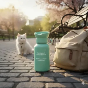 An eco-friendly travel cat water bottle (bouteille d'eau pour chat) placed next to a backpack in a Montreal park.