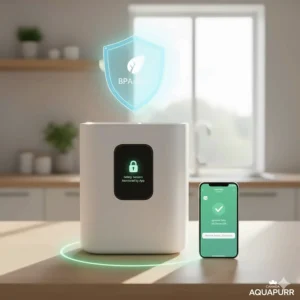 Illustration of a BPA-free, food-grade smart cat water fountain with app-monitored safety sensors.