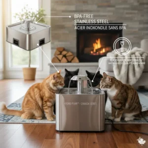 Close-up illustration highlighting BPA-free and food-grade stainless steel materials used in a premium large cat water fountain.