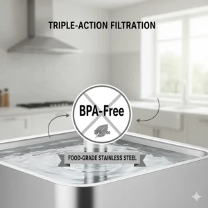 Illustration of food-grade, BPA-free stainless steel materials used in a silent cat water fountain.
