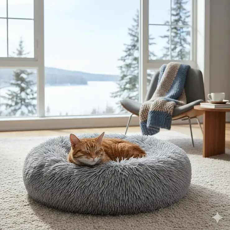A fluffy, grey calming cat bed for anxiety placed in a modern Canadian living room near a window with a snowy view.