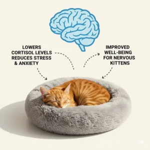 Infographic explaining how a donut-style calming cat bed helps lower cortisol levels in nervous kittens.