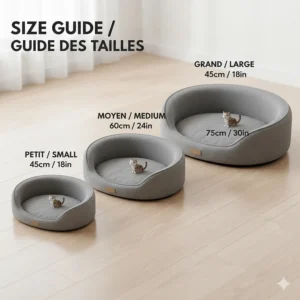 Size chart for orthopedic cat beds for old cats featuring dimensions in both cm and inches.