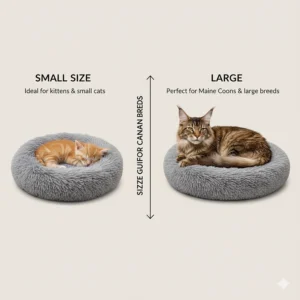 A size guide illustration comparing the calming cat bed for anxiety across different breeds like the Maine Coon.