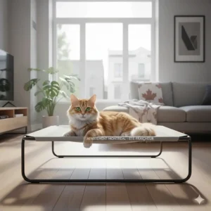 A sleek cooling cat bed placed on a hardwood floor in a modern Montreal condo to keep pets cool.