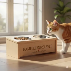 Infographic explaining how a raised feeder helps prevent bloating and aids digestion for Canadian house cats.