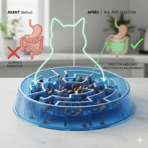 Diagram highlighting improved digestion and bloating reduction using a slow feed cat bowl (bol anti-glouton pour chat).