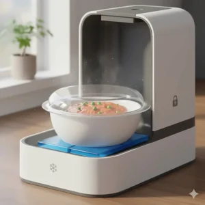 Illustration showing the airtight cooling seal of an automatic wet food feeder keeping meals fresh for Canadian pets.