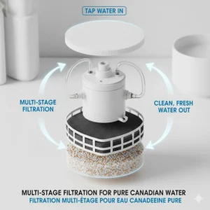 Diagram of a multi-stage carbon filter for a cat water fountain to ensure clean tap water.
