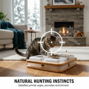 Illustration of a cat tapping a puzzle feeder toy, mimicking natural hunting behaviors for kibble or treats.