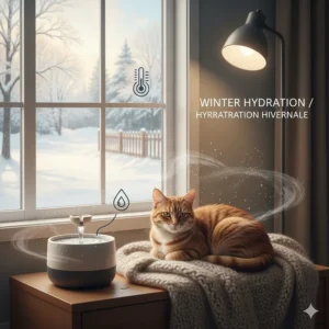 Illustration of a ginger cat drinking from a fountain during a dry Canadian winter to prevent dehydration from indoor heating.