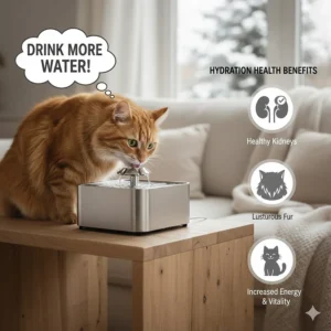 Infographic showing how a silent cat water fountain encourages Canadian house cats to stay hydrated year-round.