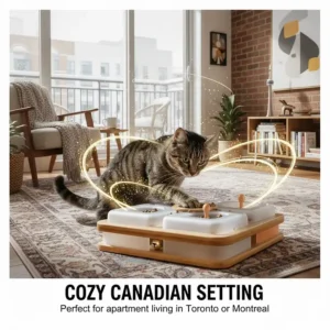 Illustration of a cat enjoying a puzzle feeder toy in a cozy Toronto or Montreal style apartment.