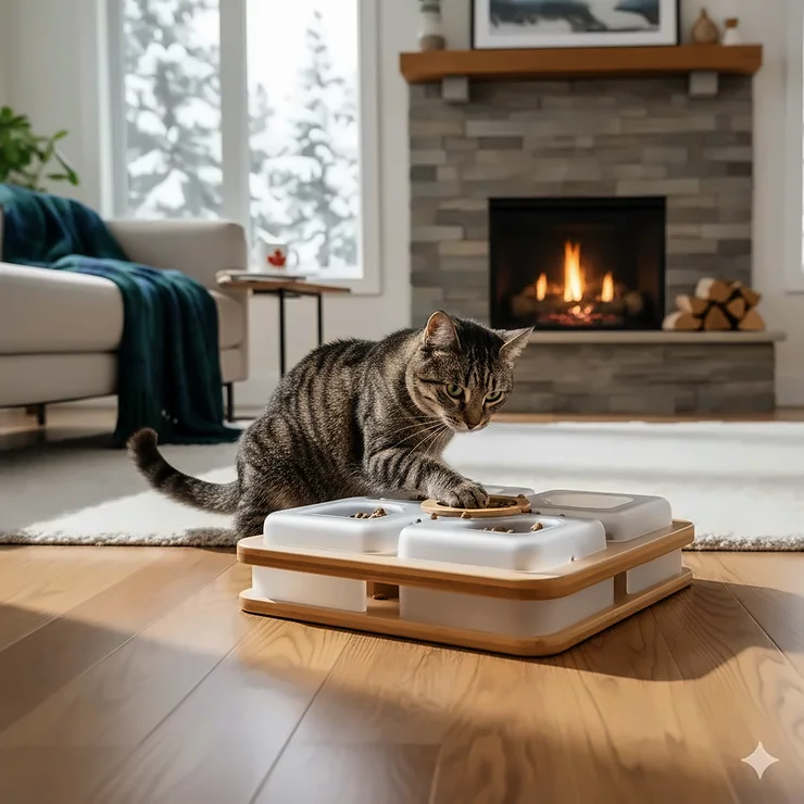 A tabby cat using a cat puzzle feeder toy on a hardwood floor in a bright Canadian living room during winter.
