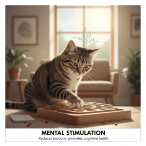 Illustration of a cat focused on a puzzle feeder toy to improve mental stimulation and reduce boredom.