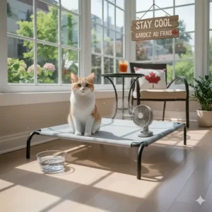 Digital drawing of a cat staying hydrated next to a cooling cat bed with a "Stay Cool / Gardez au Frais" sign.