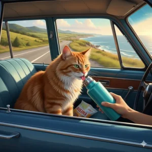 A cat hydrated by a travel cat water bottle during a scenic road trip through the Cabot Trail, Nova Scotia.