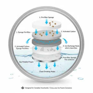 Multi-stage filtration diagram for a stainless steel cat fountain, showing how it removes hair and debris for clean drinking water.