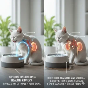 Illustration showing the health benefits of a cat water fountain for feline kidney health and hydration.