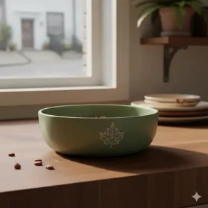 A minimalist ceramic cat dish in a Montreal-style kitchen, showcasing why ceramic is a top-rated cat bowl material.