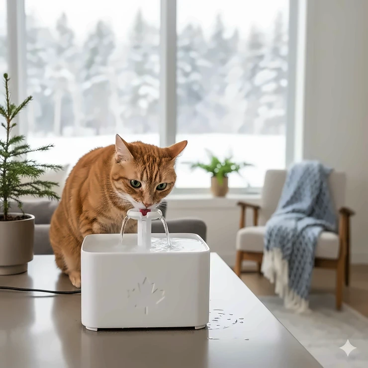 A sleek white ceramic cat fountain running in a modern Canadian living room with a tabby cat drinking, featuring a maple leaf decor accent. ceramic cat fountain Canada
