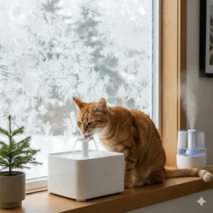 Illustration of a cat drinking from a ceramic fountain near a frosted window to stay hydrated during dry Canadian winters.