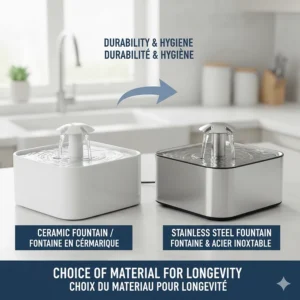 Comparison illustration between ceramic and stainless steel cat water fountain models for durability.