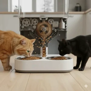 Internal view of the anti-clogging system in an automatic cat feeder for multiple cats, compatible with various kibble sizes.