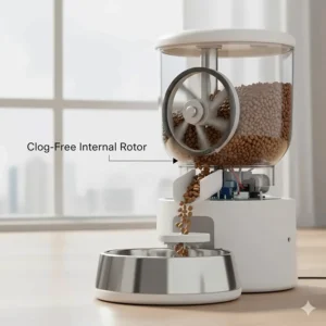 Technical illustration of a clog-free internal rotor mechanism used in high-quality wifi automatic cat feeders to prevent stuck kibble.